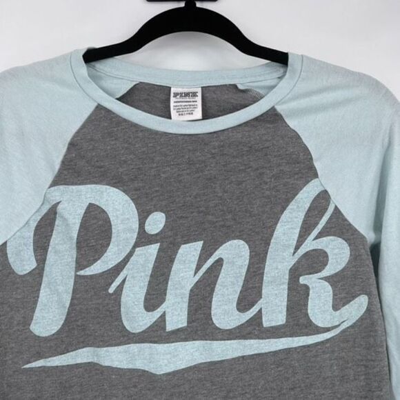 Victoria's Secret Gray & Baby Blue Long Sleeve Baseball Raglan Tee Size XS - Picture 3 of 7